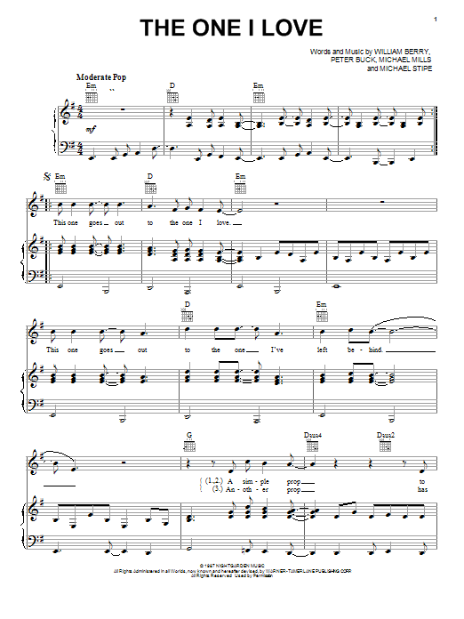 Learn to play R.E.M. The One I Love sheet music for Piano, Vocal & Guitar (Right-Hand Melody) in minutes. R.E.M. The One I Love sheet music notes and chords. Download Printable PDF.