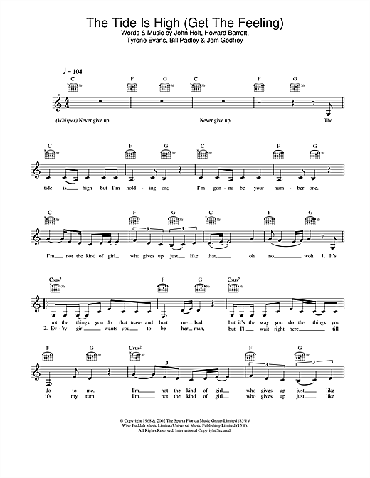 Learn to play Atomic Kitten The Tide Is High (Get The Feeling) sheet music for Melody Line, Lyrics & Chords in minutes. Atomic Kitten The Tide Is High (Get The Feeling) sheet music notes and chords. Download Printable PDF.
