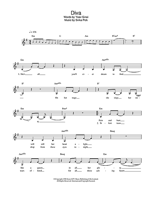 Learn to play Dana International Diva sheet music for Melody Line, Lyrics & Chords in minutes. Dana International Diva sheet music notes and chords. Download Printable PDF.