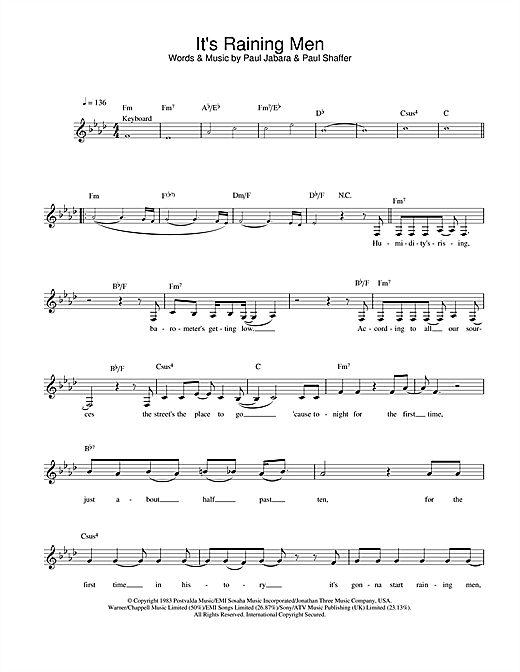 Learn to play Geri Halliwell It's Raining Men sheet music for Melody Line, Lyrics & Chords in minutes. Geri Halliwell It's Raining Men sheet music notes and chords. Download Printable PDF.