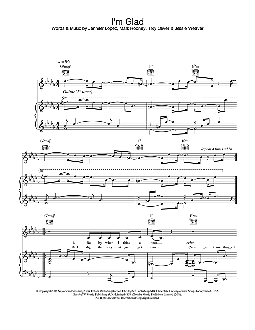 Learn to play Jennifer Lopez I'm Glad sheet music for Piano, Vocal & Guitar in minutes. Jennifer Lopez I'm Glad sheet music notes and chords. Download Printable PDF.