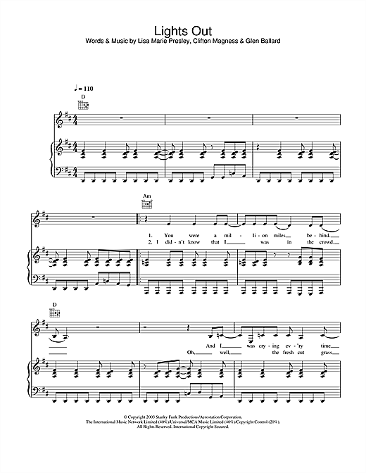 Learn to play Lisa Marie Presley Lights Out sheet music for Piano, Vocal & Guitar in minutes. Lisa Marie Presley Lights Out sheet music notes and chords. Download Printable PDF.