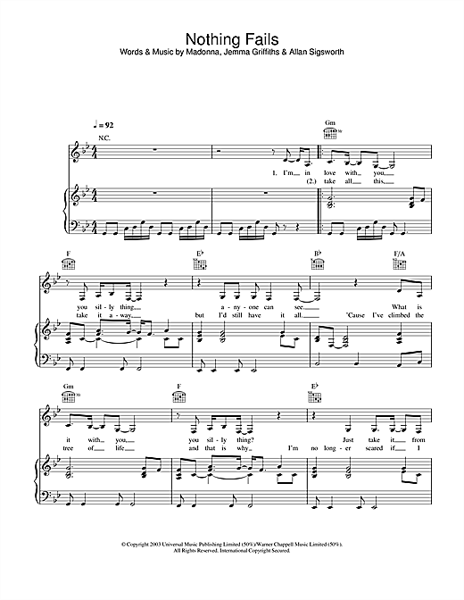 Learn to play Madonna Nothing Fails sheet music for Piano, Vocal & Guitar in minutes. Madonna Nothing Fails sheet music notes and chords. Download Printable PDF.