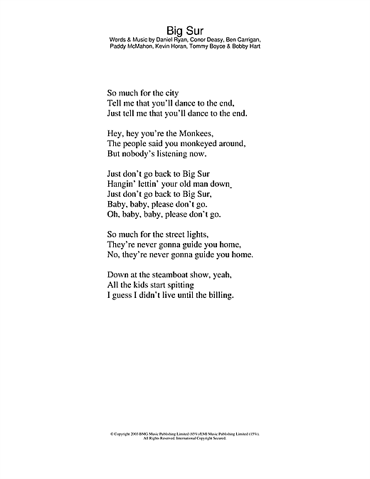 Learn to play The Thrills Big Sur sheet music for Lyrics Only in minutes. The Thrills Big Sur sheet music notes and chords. Download Printable PDF.