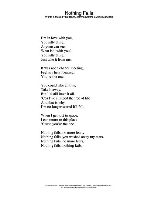 Learn to play Madonna Nothing Fails sheet music for Lyrics Only in minutes. Madonna Nothing Fails sheet music notes and chords. Download Printable PDF.