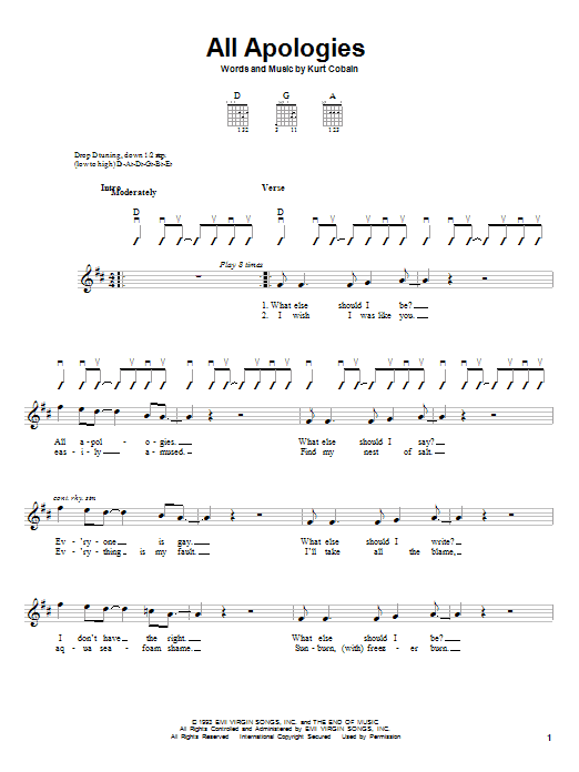 Learn to play Nirvana All Apologies sheet music for Guitar with strumming patterns in minutes. Nirvana All Apologies sheet music notes and chords. Download Printable PDF.