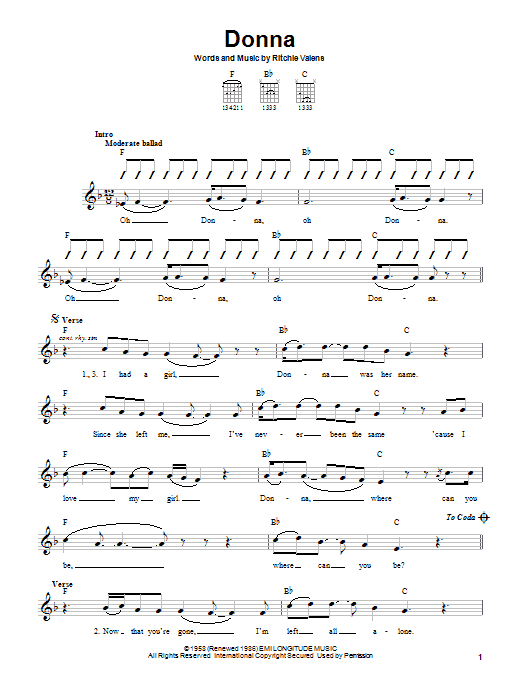 Learn to play Ritchie Valens Donna sheet music for Guitar with strumming patterns in minutes. Ritchie Valens Donna sheet music notes and chords. Download Printable PDF.