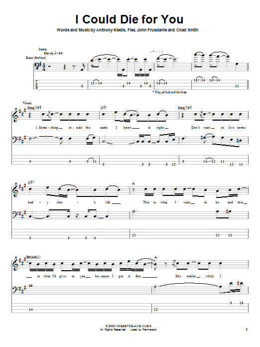 Learn to play Red Hot Chili Peppers I Could Die For You sheet music for Bass Guitar Tab in minutes. Red Hot Chili Peppers I Could Die For You sheet music notes and chords. Download Printable PDF.