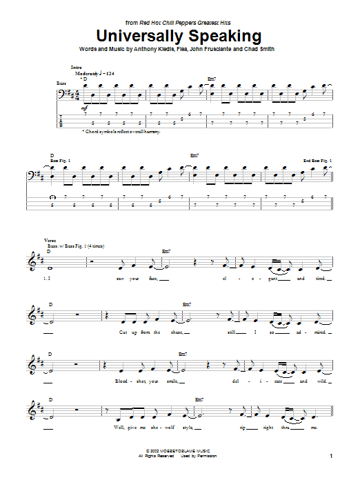 Learn to play Red Hot Chili Peppers Universally Speaking sheet music for Bass Guitar Tab in minutes. Red Hot Chili Peppers Universally Speaking sheet music notes and chords. Download Printable PDF.