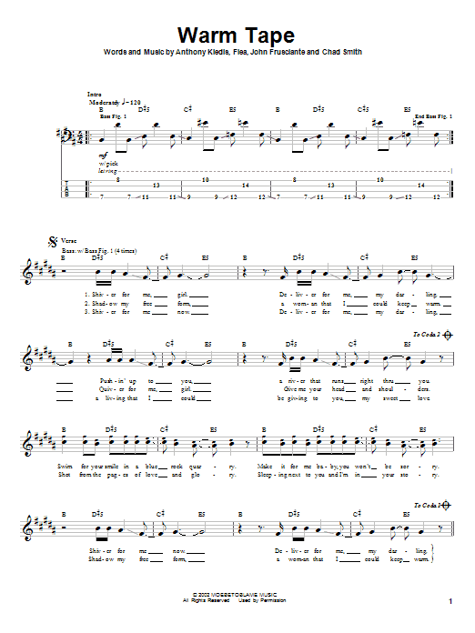 Learn to play Red Hot Chili Peppers Warm Tape sheet music for Bass Guitar Tab in minutes. Red Hot Chili Peppers Warm Tape sheet music notes and chords. Download Printable PDF.