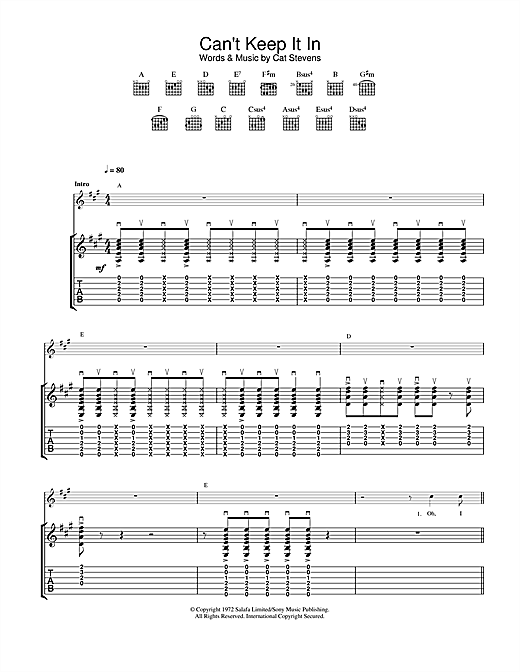 Learn to play Cat Stevens Can't Keep It In sheet music for Guitar Tab in minutes. Cat Stevens Can't Keep It In sheet music notes and chords. Download Printable PDF.