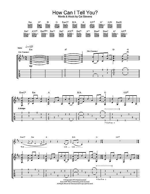 Learn to play Cat Stevens How Can I Tell You? sheet music for Guitar Tab in minutes. Cat Stevens How Can I Tell You? sheet music notes and chords. Download Printable PDF.