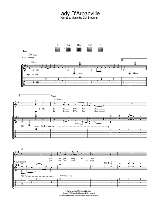 Learn to play Cat Stevens Lady D'Arbanville sheet music for Guitar Tab in minutes. Cat Stevens Lady D'Arbanville sheet music notes and chords. Download Printable PDF.