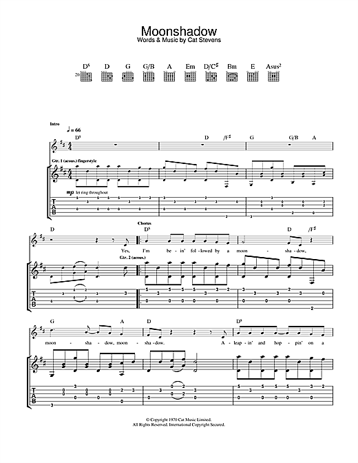 Learn to play Cat Stevens Moonshadow sheet music for Guitar Tab in minutes. Cat Stevens Moonshadow sheet music notes and chords. Download Printable PDF.