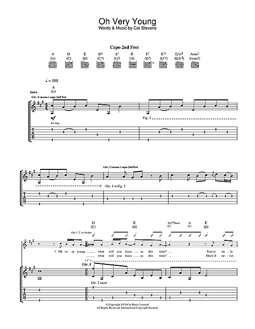 Learn to play Cat Stevens Oh Very Young sheet music for Guitar Tab in minutes. Cat Stevens Oh Very Young sheet music notes and chords. Download Printable PDF.