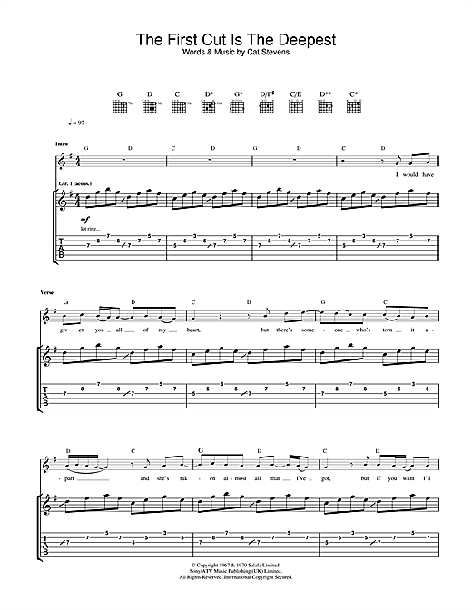 Learn to play Cat Stevens The First Cut Is The Deepest sheet music for Guitar Tab in minutes. Cat Stevens The First Cut Is The Deepest sheet music notes and chords. Download Printable PDF.