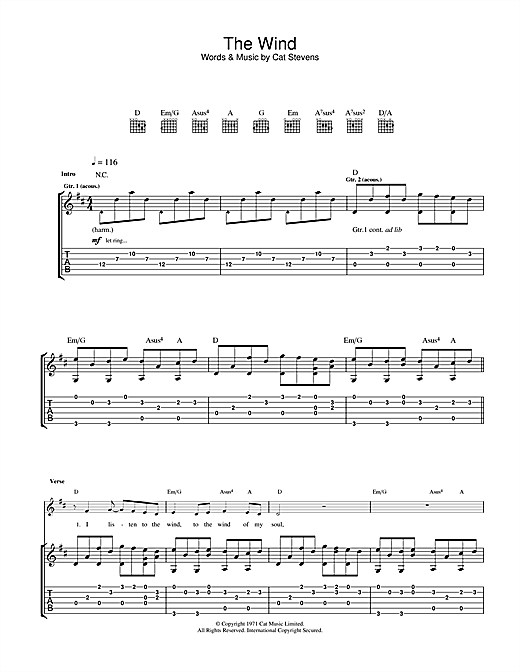 Learn to play Cat Stevens The Wind sheet music for Guitar Tab in minutes. Cat Stevens The Wind sheet music notes and chords. Download Printable PDF.