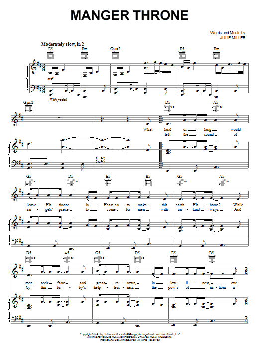 Learn to play Julie Miller Manger Throne sheet music for Piano, Vocal & Guitar (Right-Hand Melody) in minutes. Julie Miller Manger Throne sheet music notes and chords. Download Printable PDF.