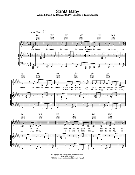 Learn to play Eartha Kitt Santa Baby sheet music for Piano, Vocal & Guitar in minutes. Eartha Kitt Santa Baby sheet music notes and chords. Download Printable PDF.