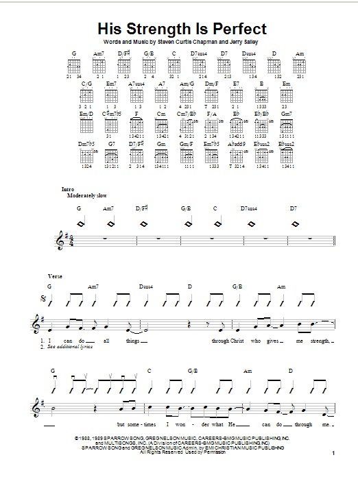 Learn to play Steven Curtis Chapman His Strength Is Perfect sheet music for Guitar with strumming patterns in minutes. Steven Curtis Chapman His Strength Is Perfect sheet music notes and chords. Download Printable PDF.