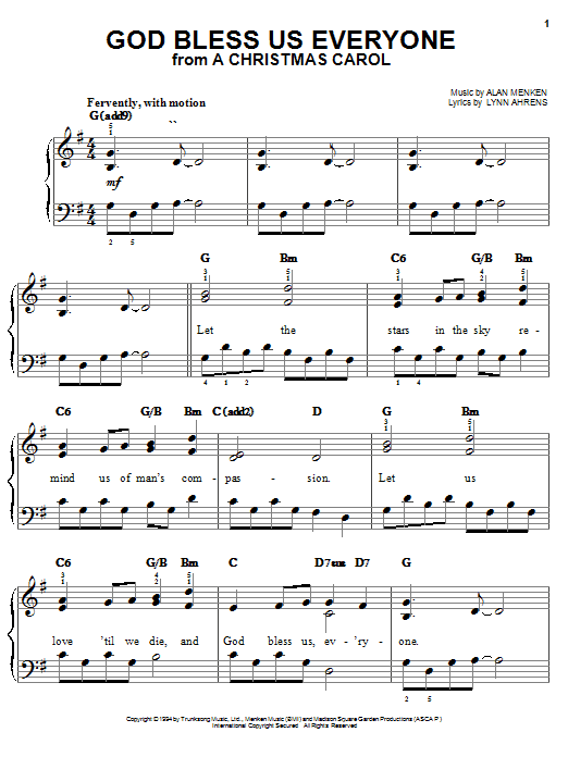 Learn to play Lynn Ahrens God Bless Us Everyone (from A Christmas Carol) sheet music for Easy Piano in minutes. Lynn Ahrens God Bless Us Everyone (from A Christmas Carol) sheet music notes and chords. Download Printable PDF.