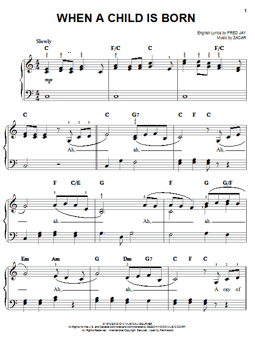 Learn to play Fred Jay When A Child Is Born sheet music for Easy Piano in minutes. Fred Jay When A Child Is Born sheet music notes and chords. Download Printable PDF.