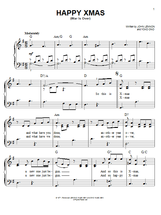 Learn to play John Lennon Happy Xmas (War Is Over) sheet music for Easy Piano in minutes. John Lennon Happy Xmas (War Is Over) sheet music notes and chords. Download Printable PDF.