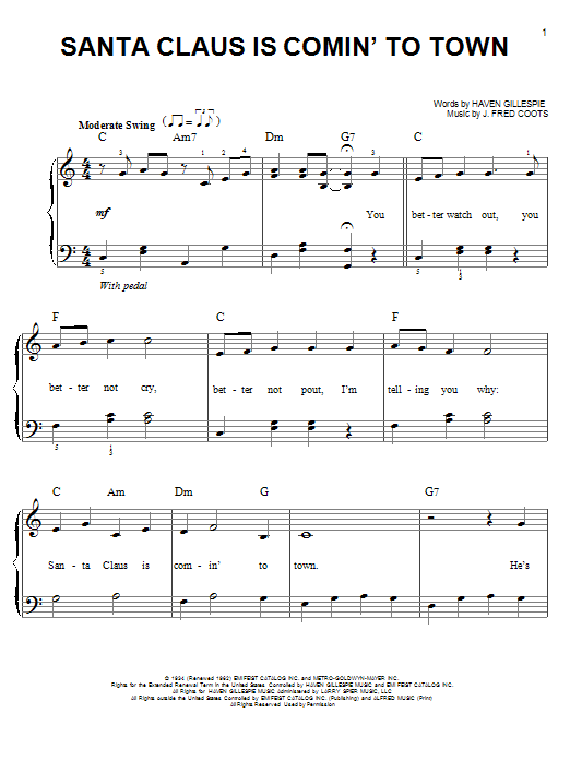 Learn to play Frank Sinatra Santa Claus Is Comin' To Town sheet music for Easy Piano in minutes. Frank Sinatra Santa Claus Is Comin' To Town sheet music notes and chords. Download Printable PDF.