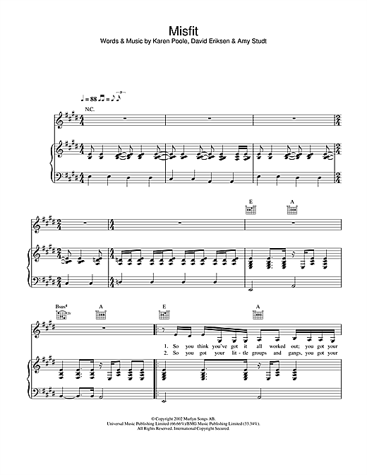 Learn to play Amy Studt Misfit sheet music for Piano, Vocal & Guitar in minutes. Amy Studt Misfit sheet music notes and chords. Download Printable PDF.
