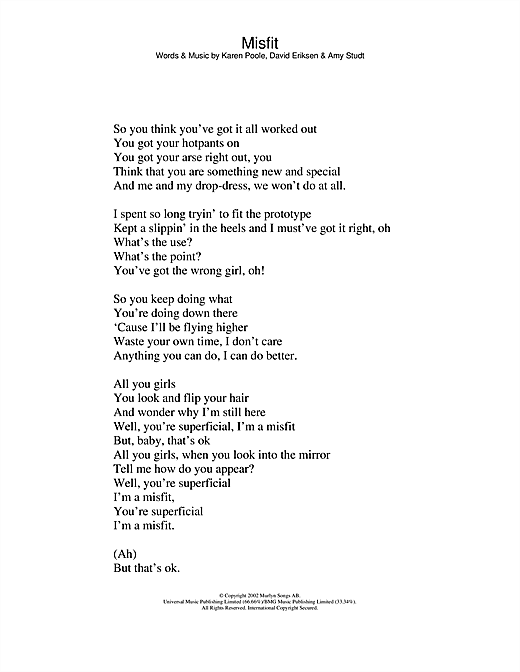 Learn to play Amy Studt Misfit sheet music for Lyrics Only in minutes. Amy Studt Misfit sheet music notes and chords. Download Printable PDF.