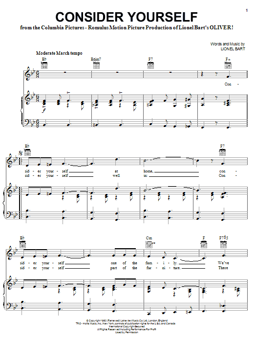Learn to play Lionel Bart Consider Yourself sheet music for Piano, Vocal & Guitar (Right-Hand Melody) in minutes. Lionel Bart Consider Yourself sheet music notes and chords. Download Printable PDF.