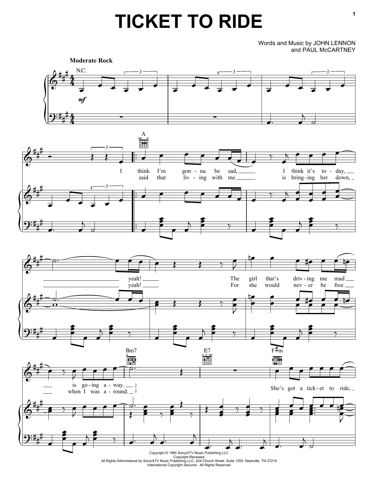Learn to play The Beatles Ticket To Ride sheet music for Piano, Vocal & Guitar (Right-Hand Melody) in minutes. The Beatles Ticket To Ride sheet music notes and chords. Download Printable PDF.