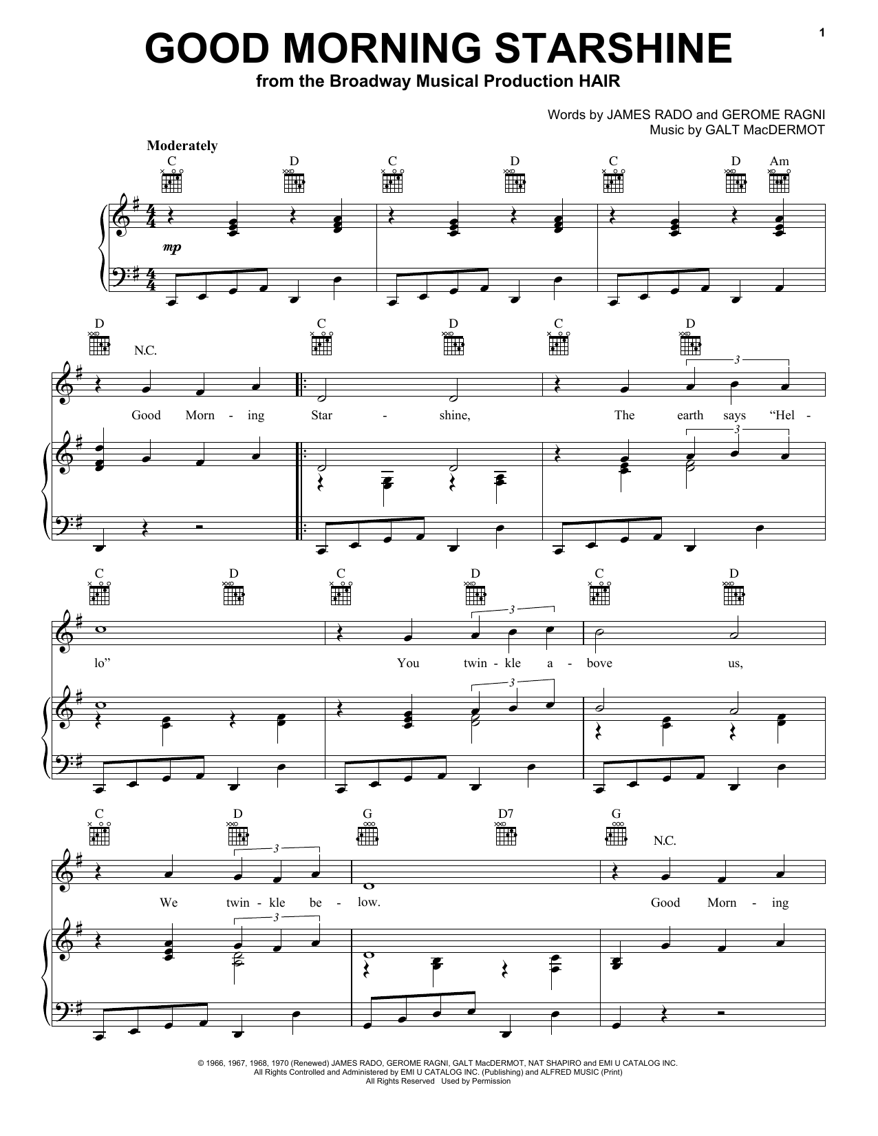 Learn to play James Rado Good Morning Starshine sheet music for Piano, Vocal & Guitar (Right-Hand Melody) in minutes. James Rado Good Morning Starshine sheet music notes and chords. Download Printable PDF.