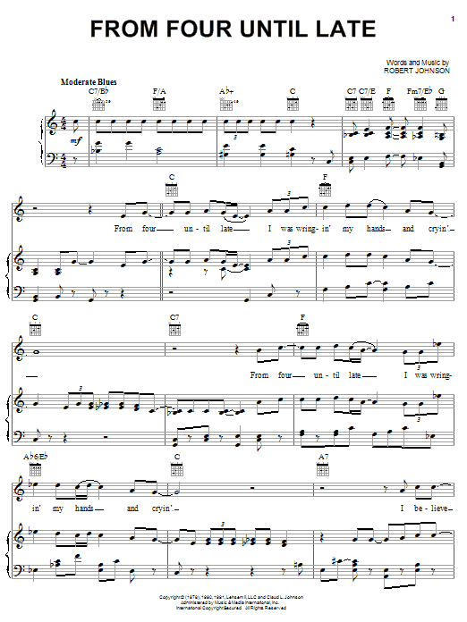 Learn to play Robert Johnson From Four Until Late sheet music for Piano, Vocal & Guitar (Right-Hand Melody) in minutes. Robert Johnson From Four Until Late sheet music notes and chords. Download Printable PDF.