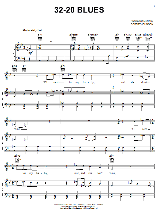 Learn to play Robert Johnson 32-20 Blues sheet music for Piano, Vocal & Guitar (Right-Hand Melody) in minutes. Robert Johnson 32-20 Blues sheet music notes and chords. Download Printable PDF.