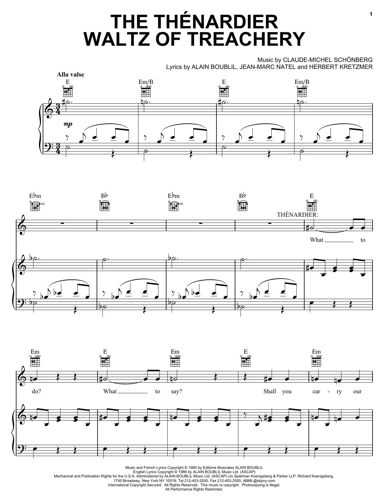 Learn to play Boublil and Schonberg The Thenardier Waltz Of Treachery sheet music for Piano, Vocal & Guitar (Right-Hand Melody) in minutes. Boublil and Schonberg The Thenardier Waltz Of Treachery sheet music notes and chords. Download Printable PDF.