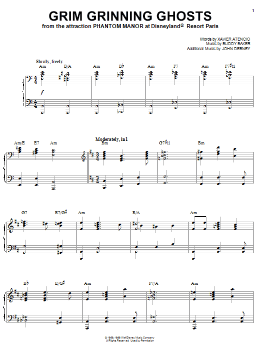 Learn to play Buddy Baker Grim Grinning Ghosts (from Phantom Manor, Disneyland Resort Paris) sheet music for Piano in minutes. Buddy Baker Grim Grinning Ghosts (from Phantom Manor, Disneyland Resort Paris) sheet music notes and chords. Download Printable PDF.