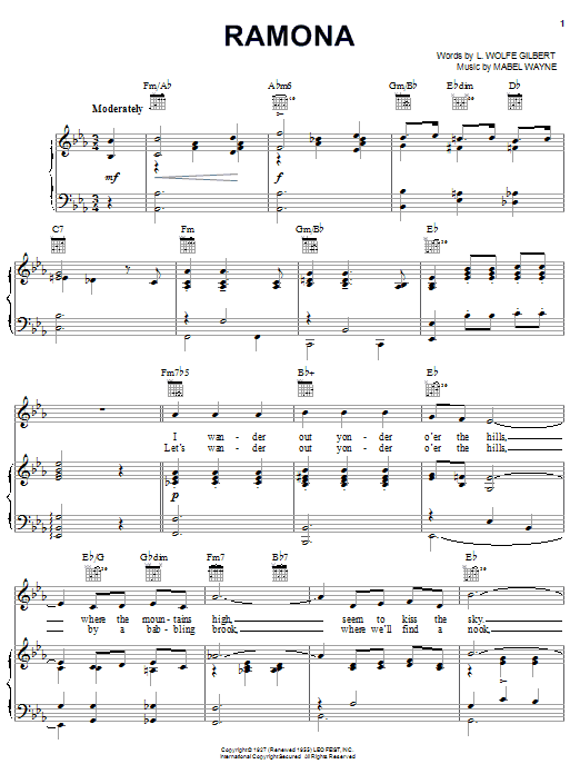 Learn to play L. Wolfe Gilbert Ramona sheet music for Piano, Vocal & Guitar (Right-Hand Melody) in minutes. L. Wolfe Gilbert Ramona sheet music notes and chords. Download Printable PDF.