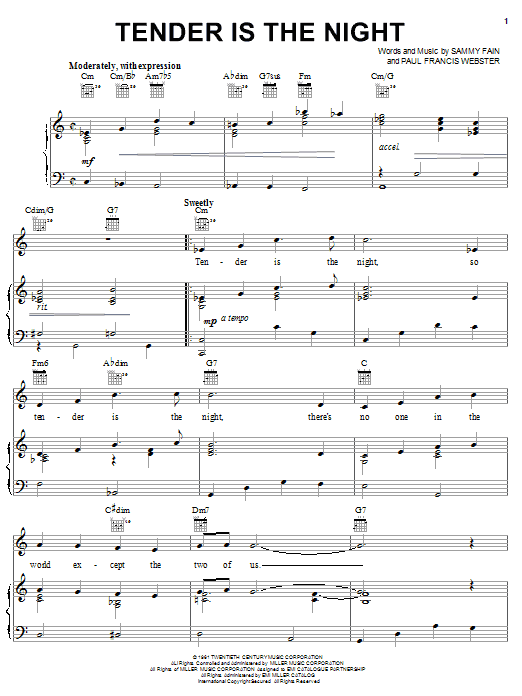 Learn to play Tony Bennett Tender Is The Night sheet music for Piano, Vocal & Guitar (Right-Hand Melody) in minutes. Tony Bennett Tender Is The Night sheet music notes and chords. Download Printable PDF.