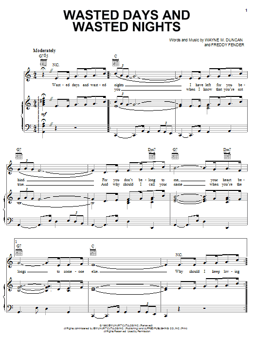 Learn to play Freddy Fender Wasted Days And Wasted Nights sheet music for Piano, Vocal & Guitar (Right-Hand Melody) in minutes. Freddy Fender Wasted Days And Wasted Nights sheet music notes and chords. Download Printable PDF.