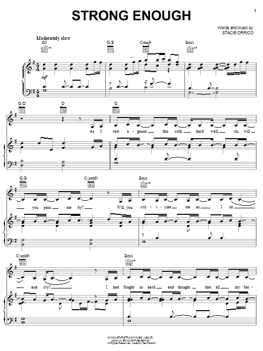 Learn to play Stacie Orrico Strong Enough sheet music for Piano, Vocal & Guitar (Right-Hand Melody) in minutes. Stacie Orrico Strong Enough sheet music notes and chords. Download Printable PDF.