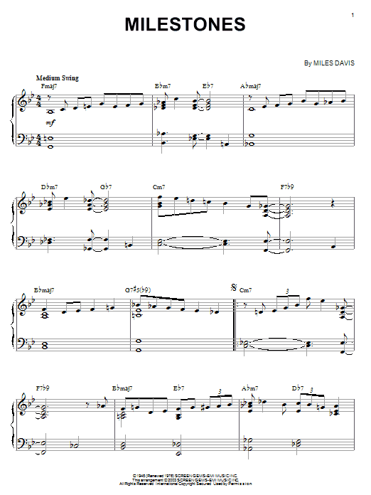 Learn to play Miles Davis Milestones sheet music for Piano in minutes. Miles Davis Milestones sheet music notes and chords. Download Printable PDF.