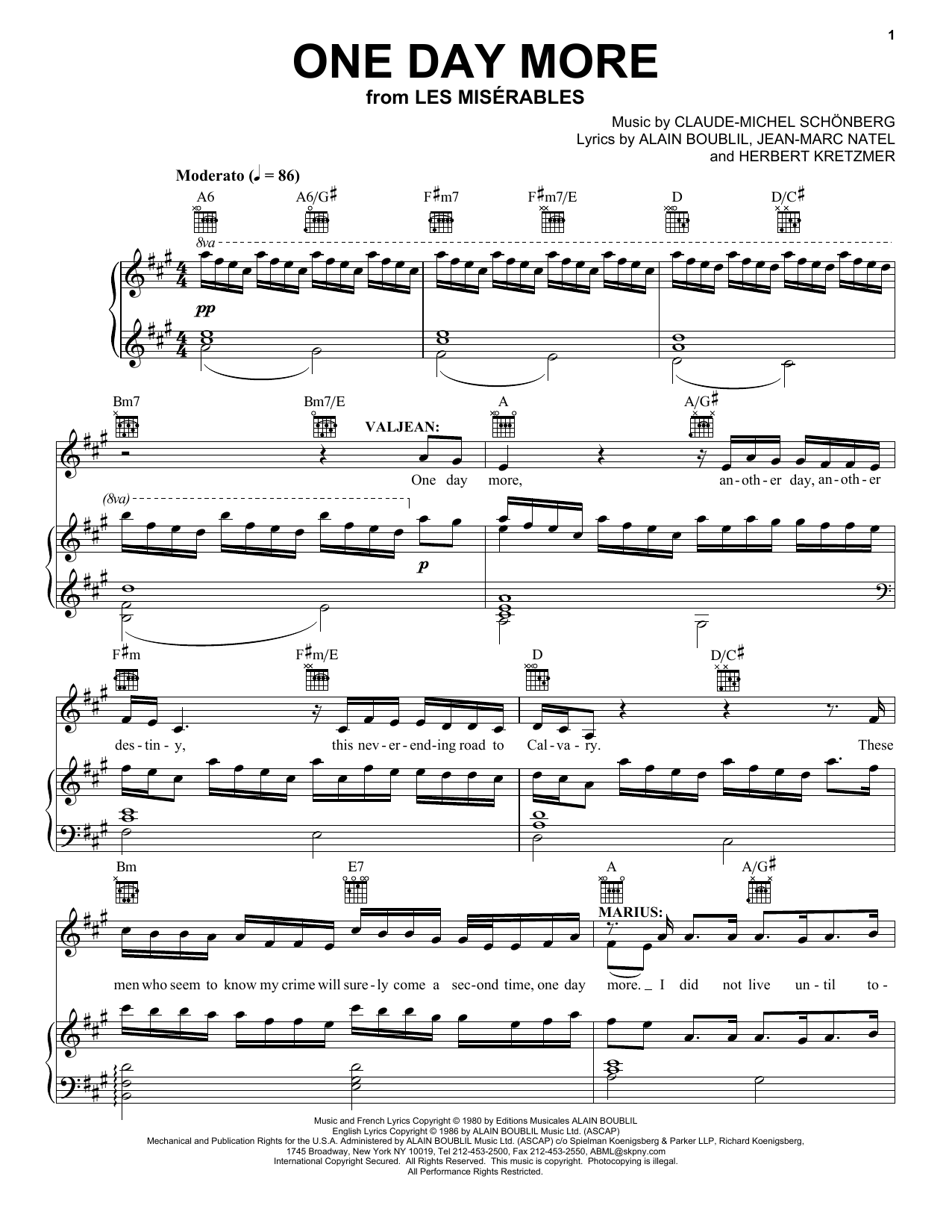Learn to play Boublil and Schonberg One Day More (from Les Miserables) sheet music for Piano, Vocal & Guitar (Right-Hand Melody) in minutes. Boublil and Schonberg One Day More (from Les Miserables) sheet music notes and chords. Download Printable PDF.