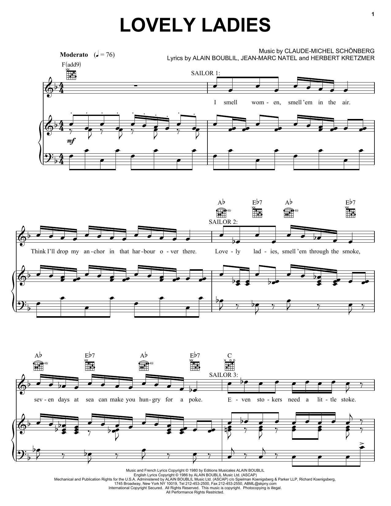Learn to play Boublil and Schonberg Lovely Ladies sheet music for Piano, Vocal & Guitar (Right-Hand Melody) in minutes. Boublil and Schonberg Lovely Ladies sheet music notes and chords. Download Printable PDF.