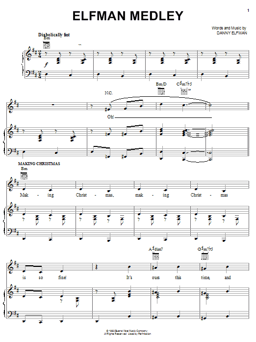 Learn to play Danny Elfman Elfman Medley sheet music for Piano, Vocal & Guitar (Right-Hand Melody) in minutes. Danny Elfman Elfman Medley sheet music notes and chords. Download Printable PDF.