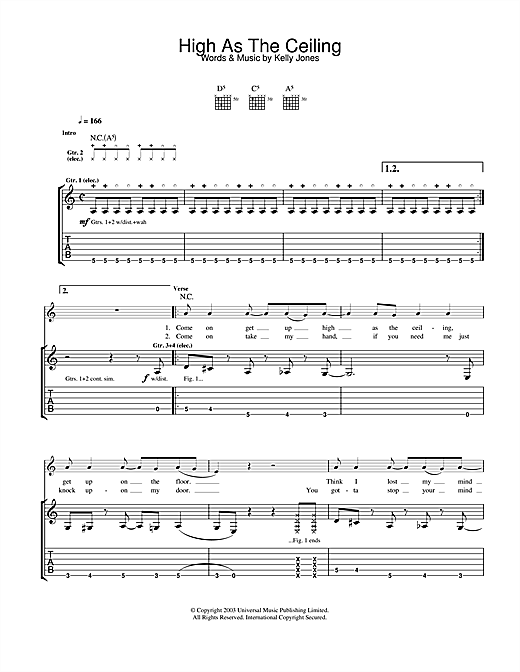 Learn to play Stereophonics High As The Ceiling sheet music for Guitar Tab in minutes. Stereophonics High As The Ceiling sheet music notes and chords. Download Printable PDF.