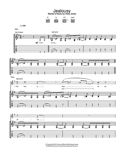 Learn to play Stereophonics Jealousy sheet music for Guitar Tab in minutes. Stereophonics Jealousy sheet music notes and chords. Download Printable PDF.