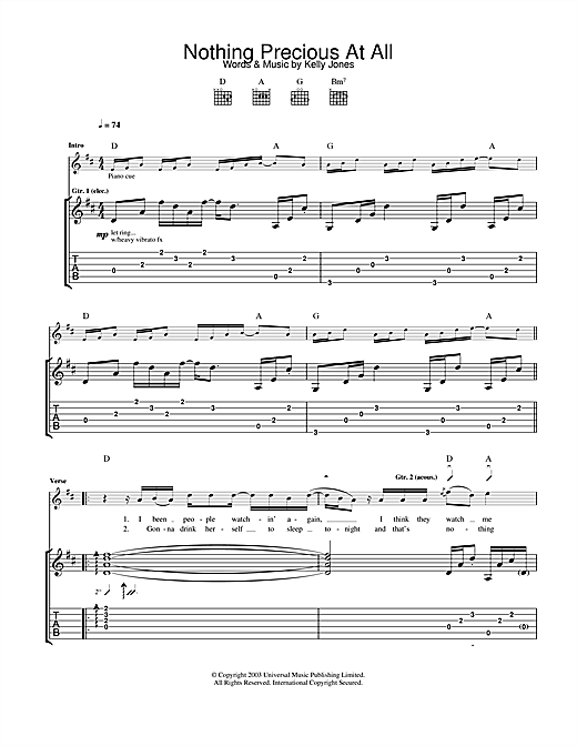 Learn to play Stereophonics Nothing Precious At All sheet music for Guitar Tab in minutes. Stereophonics Nothing Precious At All sheet music notes and chords. Download Printable PDF.