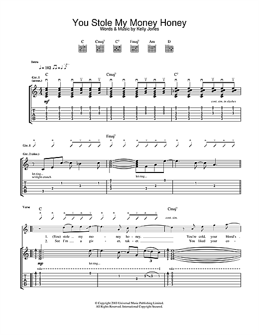 Learn to play Stereophonics You Stole My Money Honey sheet music for Guitar Tab in minutes. Stereophonics You Stole My Money Honey sheet music notes and chords. Download Printable PDF.
