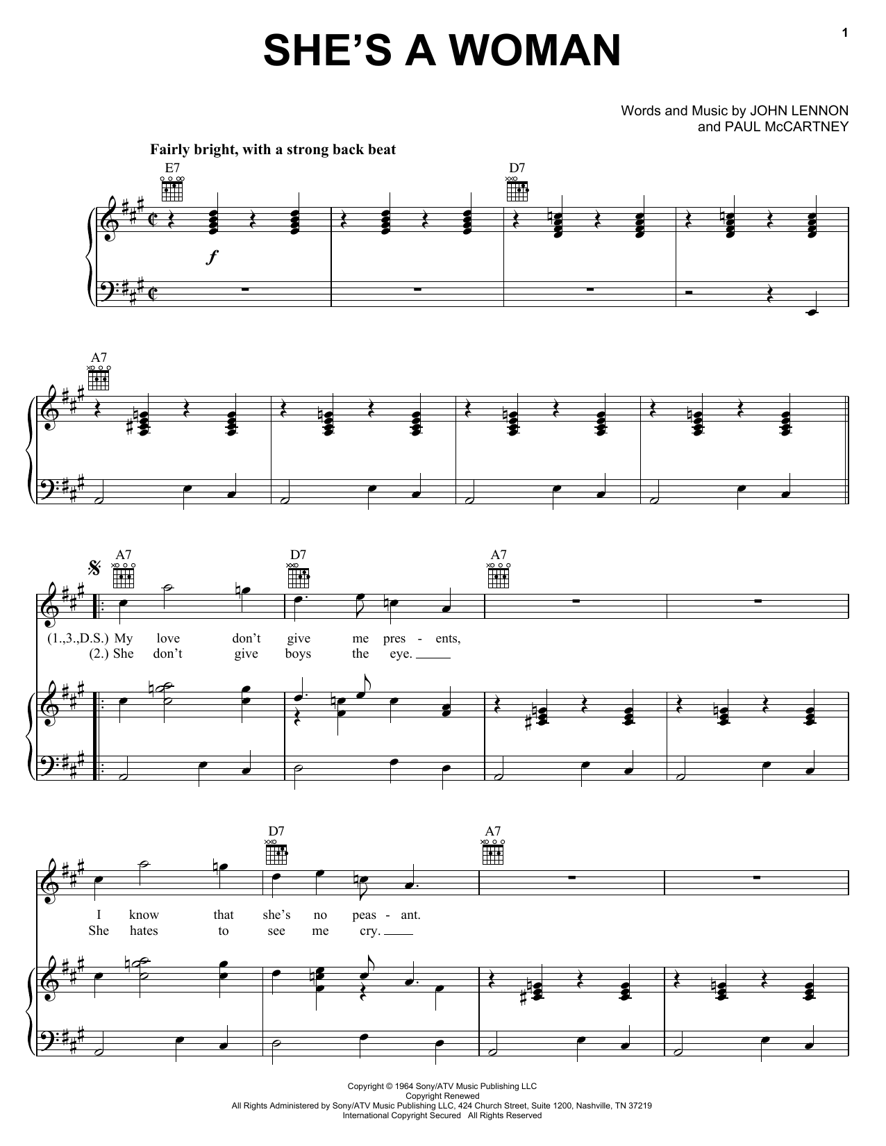 Learn to play The Beatles She's A Woman sheet music for Piano, Vocal & Guitar (Right-Hand Melody) in minutes. The Beatles She's A Woman sheet music notes and chords. Download Printable PDF.